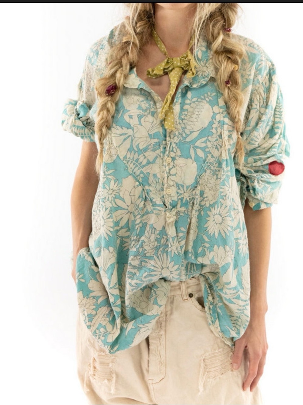 Magnolia Pearl Teal and White Floral Button-Down Shirt Tunic One Size Fits All